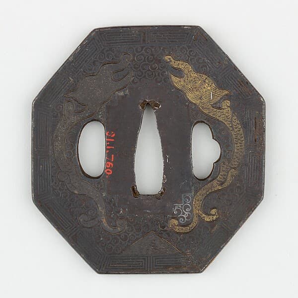 Sword Guard (Tsuba) With the Motif of Two Rain Dragons (双雨龍図南蛮鐔)