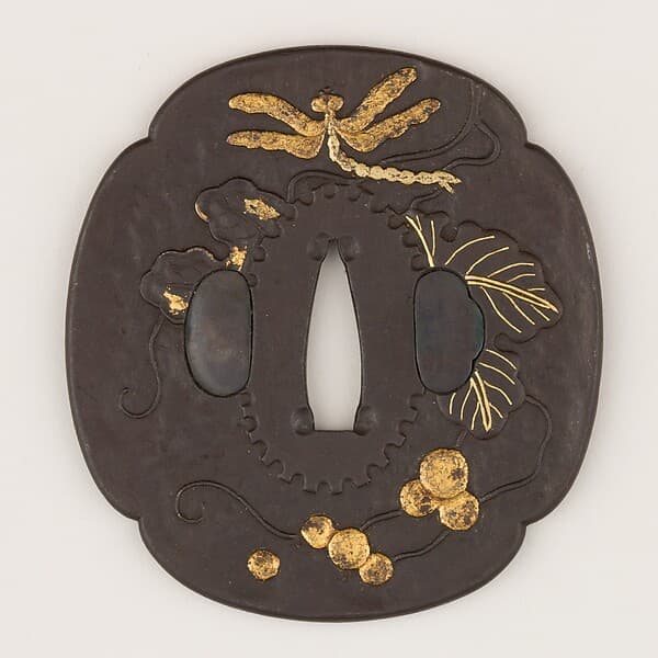 Sword Guard (Tsuba) With the Motif of Dragonfly in Grapevine (葡萄に勝虫図鐔)