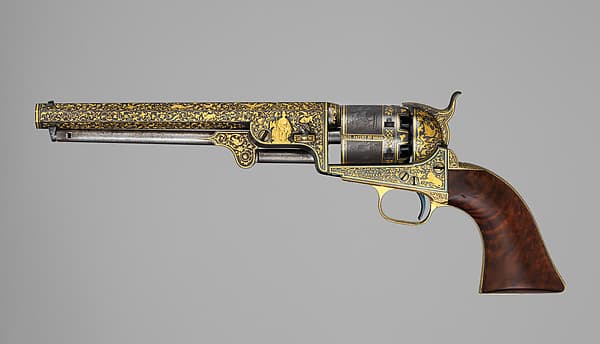 Gold-inlaid Colt Model 1851 Navy Revolver (serial no. 20133), with Case and Accessories, by Samuel Colt