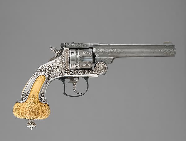 Smith & Wesson .44 Double-Action Frontier Model Revolver decorated by Tiffany & Co. (serial no. 8401), with Case and Cleaning Rod, by Smith & Wesson