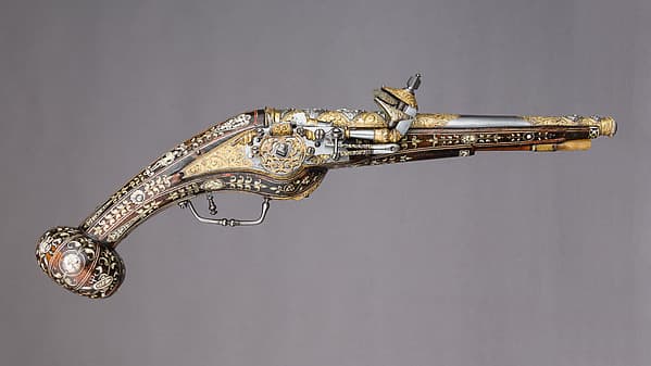 Pair of Wheellock Pistols with Matching Priming Flask/Spanner, by Etienne Delaune