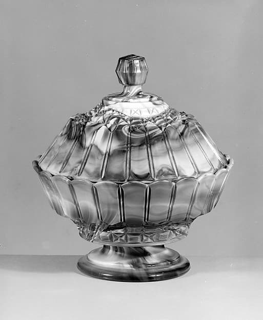 Purple marble glass covered bowl, by Challinor, Taylor and Company