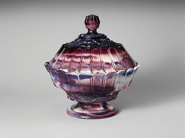 Purple marble glass covered bowl, by Challinor, Taylor and Company