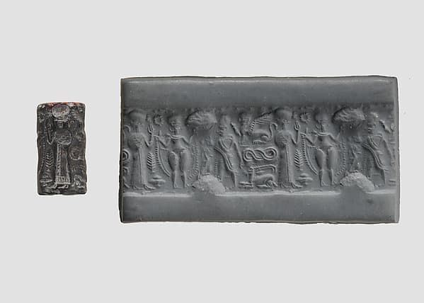 Cylinder seal and modern impression: nude goddess faces a male figure; worshiper