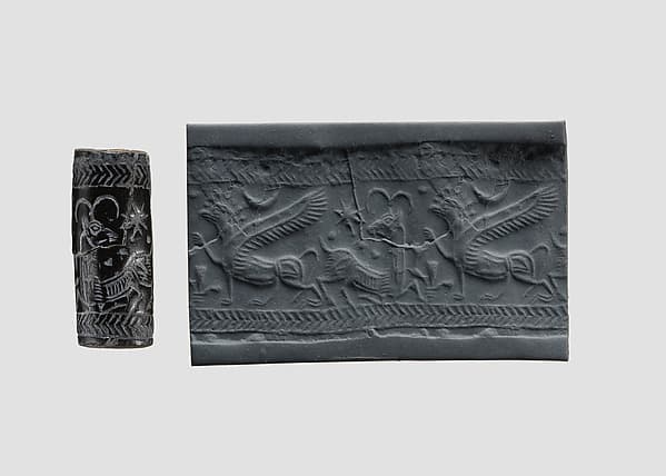 Cylinder seal (with pin preserved) with animal-monster contest scene