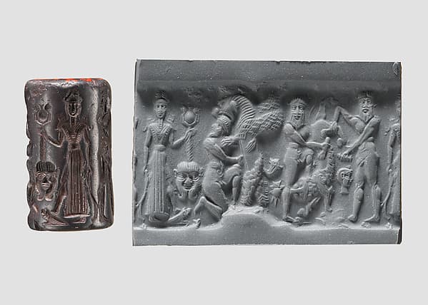 Cylinder seal and modern impression: heroes and animals in combat, head of the monster Humbaba