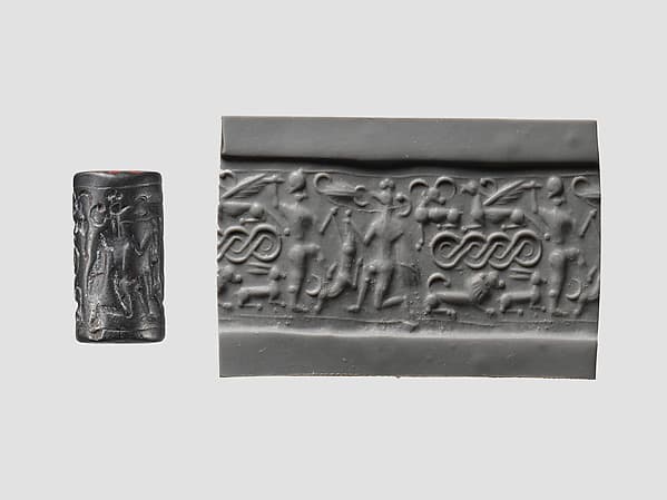 Cylinder seal and modern impression: male and griffin demon slaying animal; terminal: animal attack scenes, guilloche