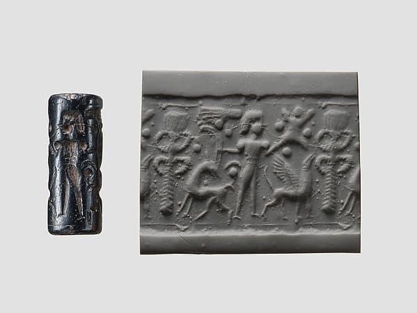Cylinder seal and modern impression: palmette tree flanked by winged griffin and caprid; figure between them with raised hands; ingot