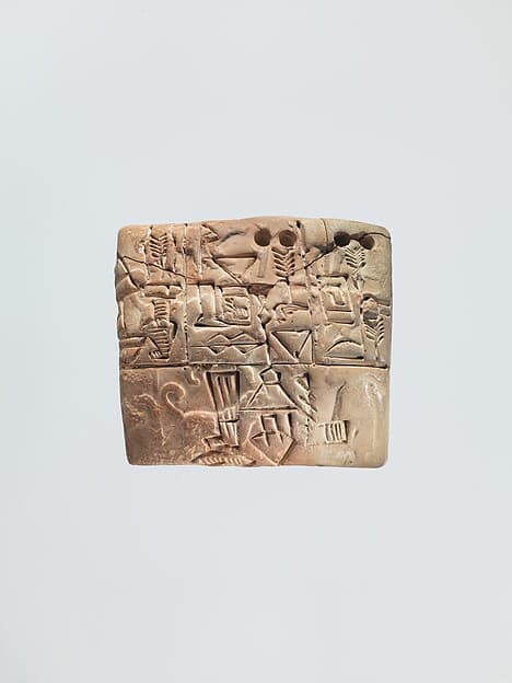 Proto-Cuneiform tablet with seal impressions: administrative account of barley distribution with cylinder seal impression of a male figure, hunting dogs, and boars