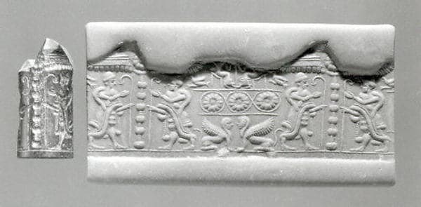 Cylinder seal and modern impression: royal figures flanking a standard; sphinxes