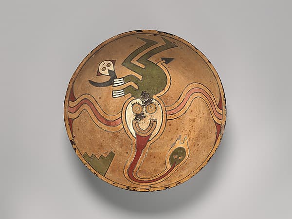 Rattle bowl with flying figure (Oculate Being), by Paracas artist(s)