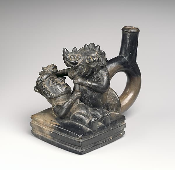 Stirrup-spout bottle with combat scene, by Moche artist