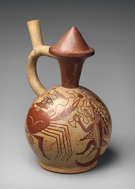 Stirrup-spout bottle with warclub and crab warrior, by Moche artist(s)