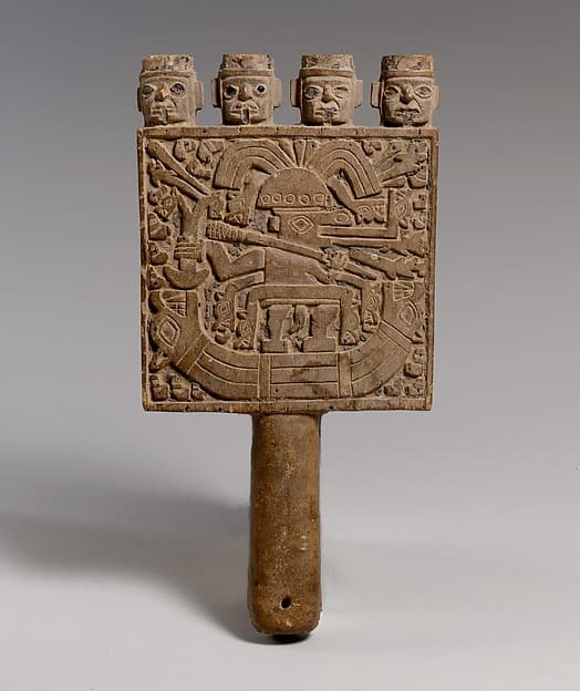 Mirror with figure in a reed boat, by Wari artist(s)