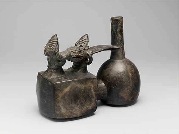 Spout-and-bridge bottle with funerary procession, by Chimú artist(s)