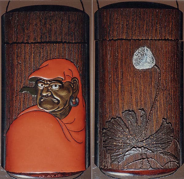 Case (Inrō) with Portrait of Daruma (obverse); Large Lotus Leaf and Stalk with Seed Pod (reverse)