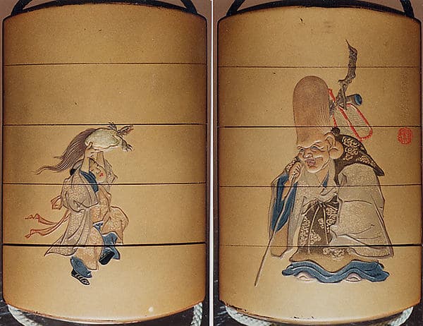 Case (Inrō) with Design of Deity of Longevity (Jurōjin) (obverse); Boy Offering a Tortoise (reverse), by Tachibana Gyokuzan