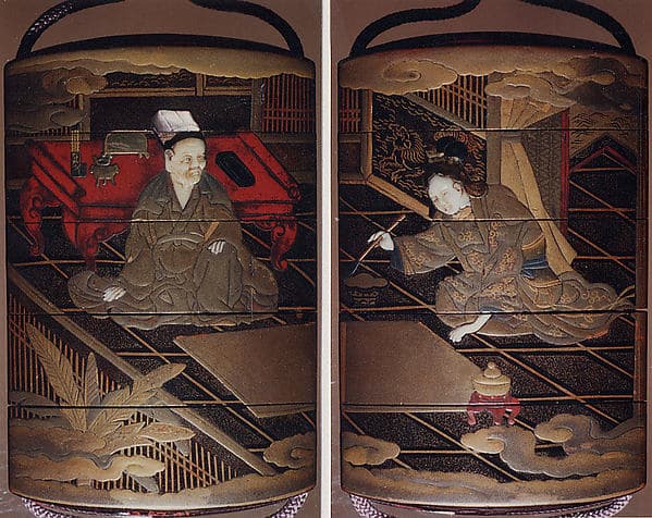 Case (Inrō) with Design of Chinese Scholar Seated at Low Desk (obverse); Lady Using Brush (reverse), by Hasensai Senjin
