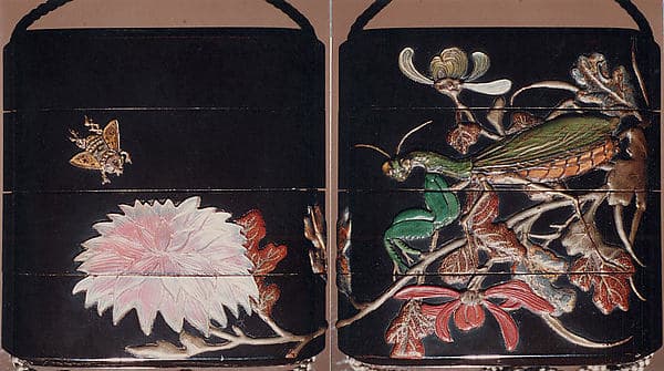 Case (Inrō) with Design of Chrysanthemum and Bee (obverse); Praying Mantis (reverse)