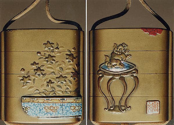 Case (Inrō) with Design of Lion on a Stand Looking at a Butterfly (obverse); Chinese Bellflowers in a Pot (reverse)