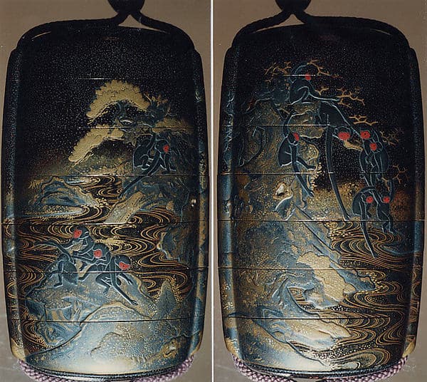 Case (Inrō) with Design of Monkeys Hanging from Trees Above Waves (obverse); Monkeys Seated on Rocks (reverse)