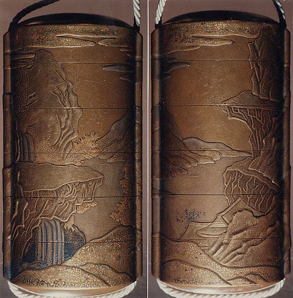Case (Inrō) with Design of Chinese-Style Landscape with a Building (obverse); Waterfall with Cloud Bands (reverse)