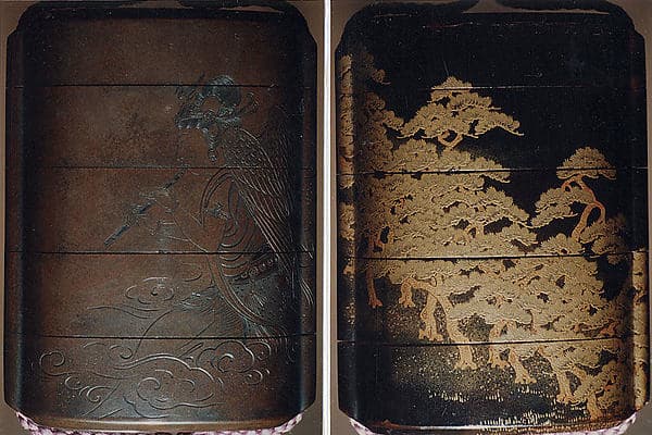 Case (Inrō) with Design of Buddhist Angel (obverse); Pine Forest (reverse), by Tōyō
