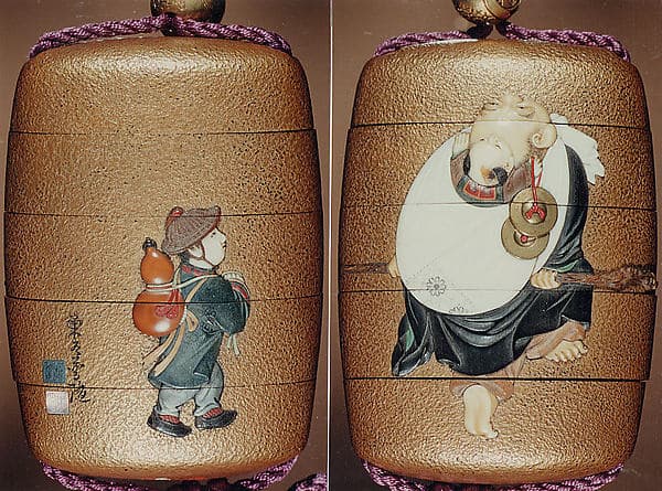 Case (Inrō) with Design of Hotei (Putai) Carrying a Small Boy (obverse); Boy Carrying Gourd-Flask (reverse), by Tokoku Fuzui
