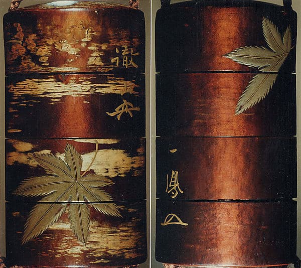 Case (Inrō) with Design of Maple Leaves beside Inscriptions, by Kajikawa School