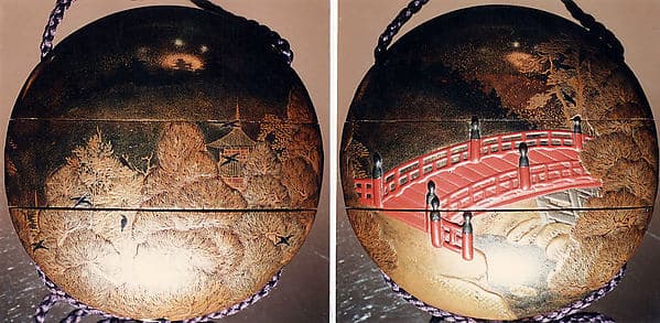 Case (Inrō) with Design of Semi-Circular Bridge (obverse); Crows in Flight Beside Pagoda (reverse)