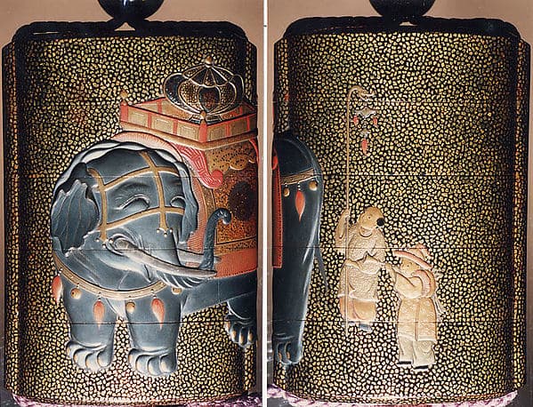 Case (Inrō) with Design of Caparisoned Elephant Standing (obverse); Two Karako with Trumpet, Banner (reverse)