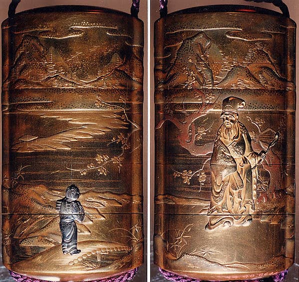 Case (Inrō) with Design of God of Longevity (Jurōjin) beside Flowering Plum Tree (obverse); Karako Walking on Bridge (reverse)