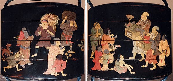 Inrō with Street Festival (obverse); People Watching a Puppet Show (reverse), by Tatsuke Takamasu
