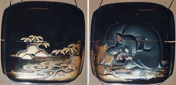 Case (Inrō) with Design of Animal Being Attacked by Crabs (obverse); Pond with Rocks and Plants (reverse)