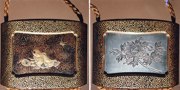 Case (Inrō) with Design of Chinese Child (obverse); Silver Pill Box with Peony (reverse)