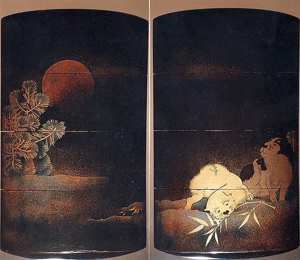 Case (Inrō) with Design of Two Puppies Playing with a Bamboo Branch (obverse); Snow, Pine and Red Sun (reverse)