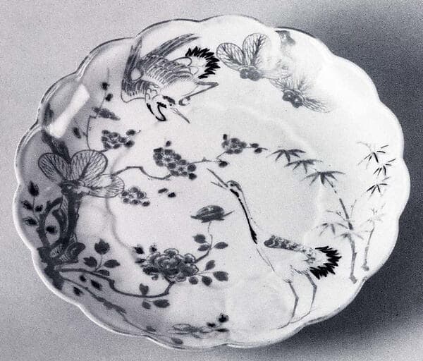 Lobed Dish with Molded Chrysanthemum Design and Decoration of Crane, Bamboo, Plum and Pine