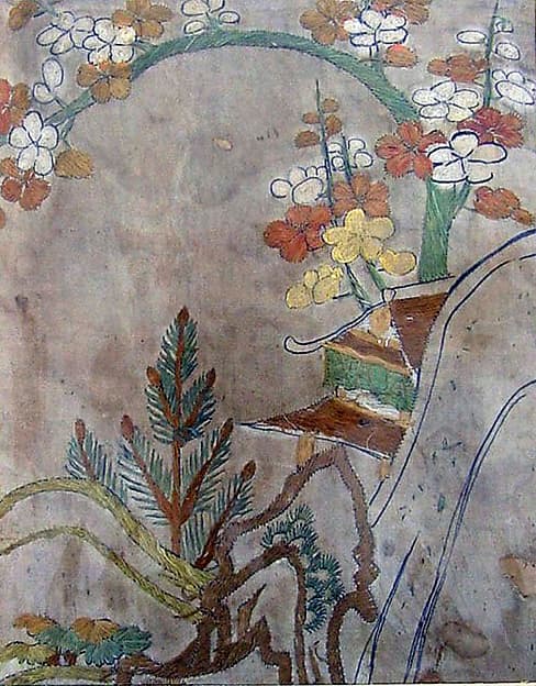 Piece from a Kosode with Pine, Bamboo, Blossoming Plum, and Partial Pavilion