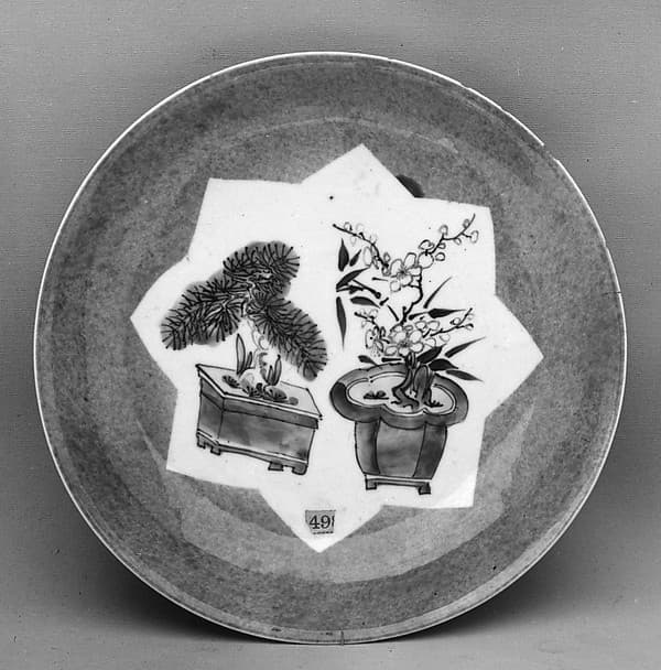 Dish with pine, plum blossom, and bamboo in planters