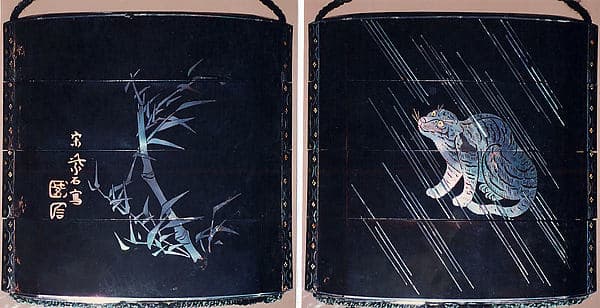 Case (Inrō) with Design of Seated Tiger in Rain (obverse); Bamboo with Inscription (reverse), by Sō Shiseki