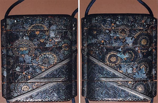 Case (Inrō) with Designs of Chrysanthemums and Bamboo-Woven Fence