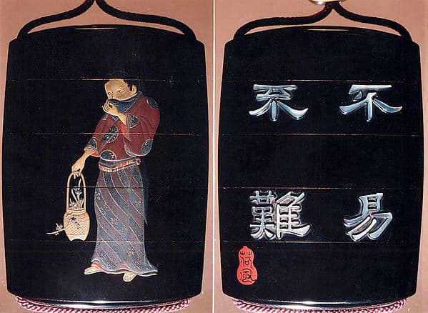 Case (Inrō) with Design of Young Woman with Flower Basket of Plum Blossoms (obverse); Four Large Characters (reverse), by Kafu Mochikaze
