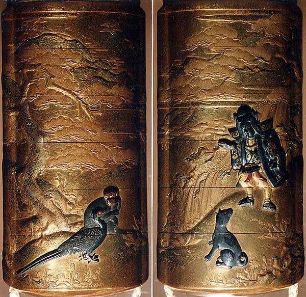 Case (Inrō) with Design of Momotarō and Dog on the way to the Island of the Devils (obverse); Monkey with Pheasant (reverse), by Kogyoku Tokayo