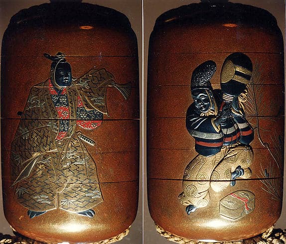 Inrō with Kyōgen Dancer with Quiver from “The Monkey Skin Quiver” (obverse); Dancer with Fan and Sword (reverse)