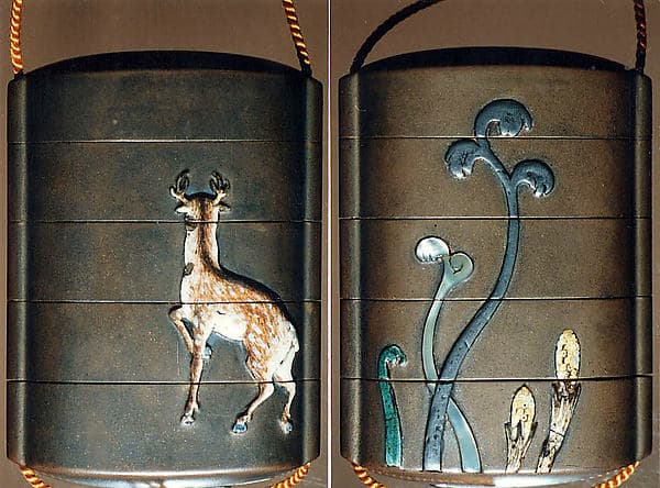 Case (Inrō) with Design of Spring Fern and Horsetail (obverse); Deer (reverse), by Ogawa Haritsu (Ritsuō)