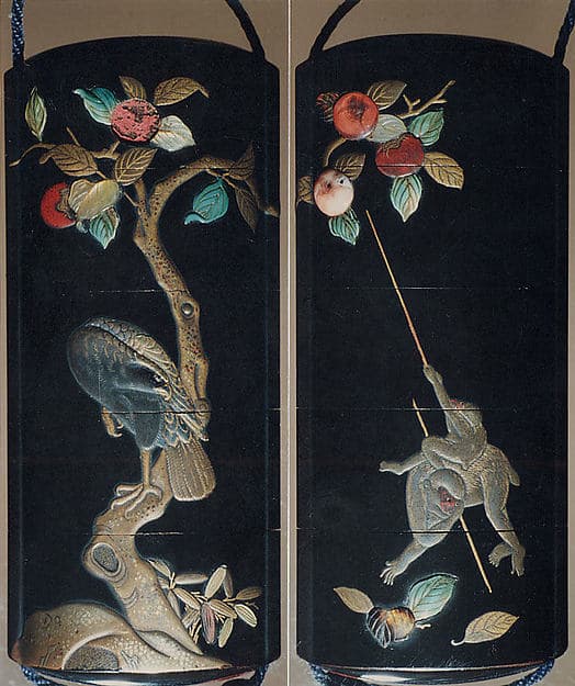 Case (Inrō) with Design of Monkeys Trying to get Persimmons with Stick (obverse); Hawk in Persimmon Tree (reverse), by Hanabusa Itchō