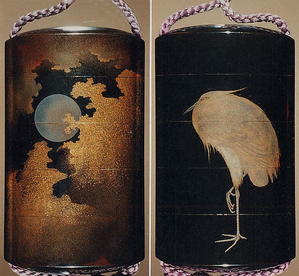 Case (Inrō) with Design of Heron Standing on One Leg (obverse); Full Moon among Clouds (reverse)