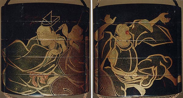 Case (Inrō) with Design of Courtier Cleaning Another's Ear (obverse); Courtier Laughing (reverse), by Kajikawa Hidetaka