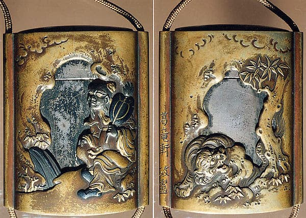 Case (Inrō) with Design of Sage beside a Waterfall (obverse); Tiger beside Rocks and Maple Tree (reverse)