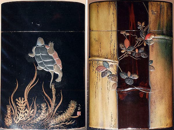Case (Inrō) with Design of Tortoise Swimming above Water Weeds (obverse); Bamboo stems, Vines (reverse)